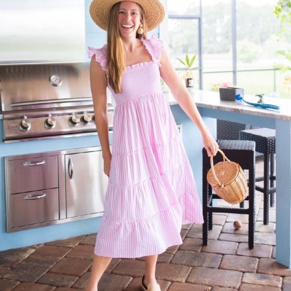 Hill House The Ellie Nap Dress Linen Bubblegum Pink Stripe